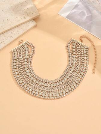 1pc Multi-Layer Sparkling Glass Necklace, Exaggerated European And American Style Statement Necklace For Party And Runway