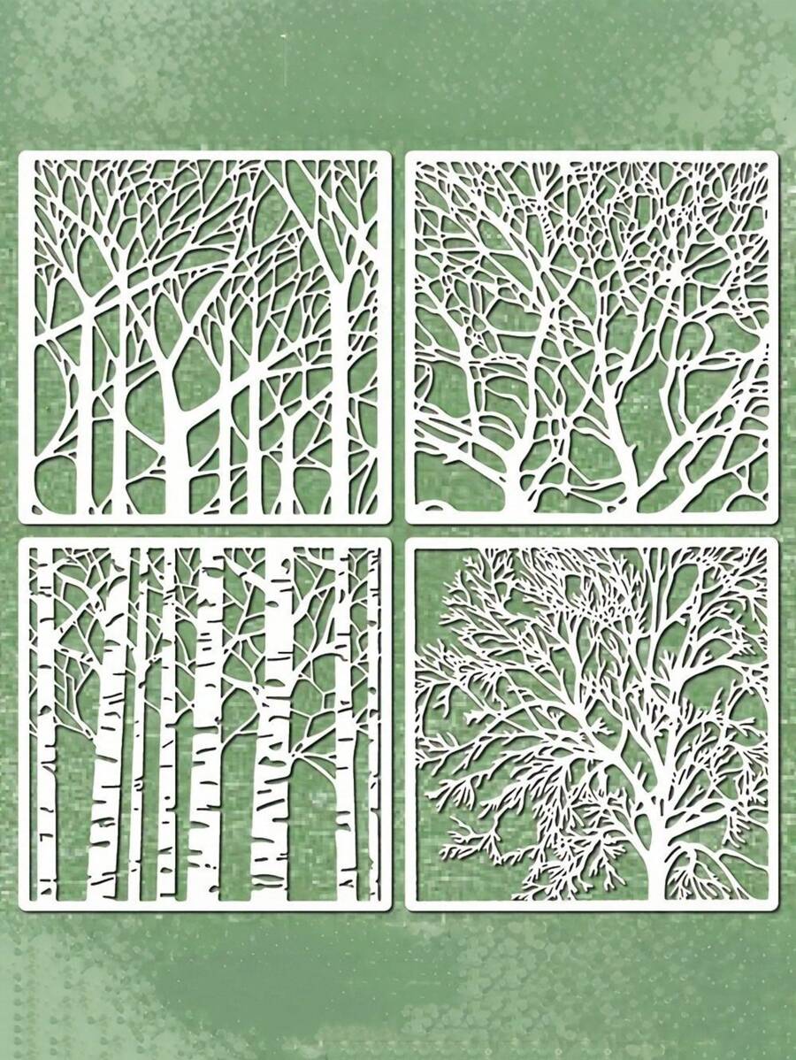 4pcs Birch Tree Trunk Stencils, Creamy White, 7.87", Reusable, Plastic, Artistic, For Painting On Wood, Fabric, Walls, Furniture And DIY Crafts, School Supplies,Back To School