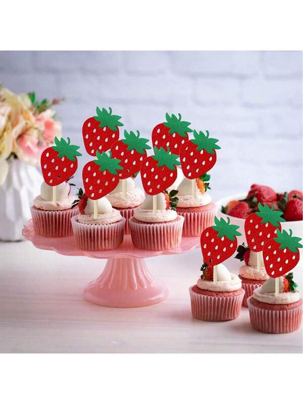 (10/24) Peças/Conjunto Toppers de Bolo de Morango, Formas de Cupcake, Decorações de Cupcake de Papel com Tema de Morango Vermelho Glitter, Palitos para Frutas Doces de Verão