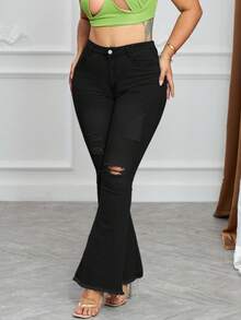 Women's High Waisted Tight Flared Jeans With Distressed Holes And Pockets, Elastic And Sexy, Hip Lifting, Tight And Fashionable Flared Jeans - 黑色 - 查看 2