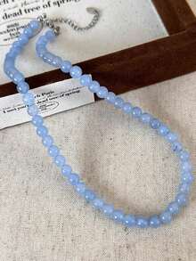 1pc Natural Aquamarine Stone Beaded Necklace, Handmade Jewelry, Minimalist Design, Fashionable & Versatile Choker For Women