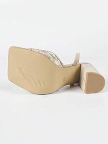 女士黑色方头粗跟露趾凉鞋，时尚百搭性感派对正装鞋