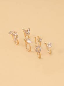 6pcs Set Fashion Casual Simple Copper Inlaid Zirconia Diamond Heart, Moon, Star, Butterfly Nose Stud Decor, Suitable For Daily Wear By Men & Women