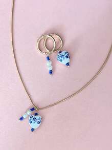 3pcs/Set Fashion Blue And White Porcelain Heart Shaped Stainless Steel Necklace Faux Pearl Earrings The Suit Is Suitable For Girls To Wear On A Daily Basis Vacation Atmosphere Gift