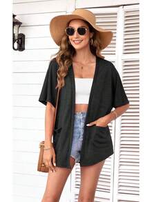 Womens Short Sleeve Kimono Cardigans Lightweight Summer Cardigan Casual Loose Beach Cover Up Curved Hem With Pockets - A12-purple - View 6