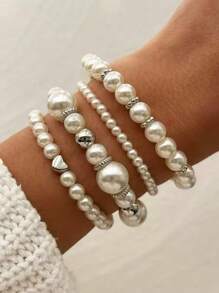 4pcs Set Heart Shaped Beaded Bracelets For Women, Bohemian Fashion Bangle Set