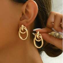 1pair Fashionable Gold Tone Metal Multi-Turn Knotted Design Stud Earrings For Women, Double Hoop Studs, Statement Dangling Earrings, Unique Earrings.(The Color Of The Product May Vary Slightly Under Different Displays/Lighting Conditions)