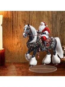 2D flach, 2D Weihnachtsmann reitend auf Pferd Acryl Ornament - Festliche Weihnachtsdekoration mit Kranz, Geschenken und Schneeflocken, perfekt für Heim- oder Büro-Feiertags-Dekoration, 1 Stück, ideales Abschlussgeschenk | Art-Deco-Weihnachtsmann | Klarer Kranz-Design, Weihnachtsmann Dekorationen
