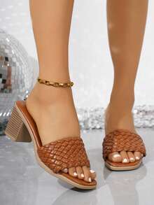 女士时尚中跟露趾穆勒凉鞋，方头，时尚女士高跟拖鞋，性感