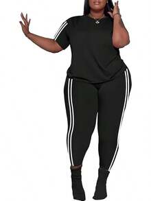 Women's Plus Size 2 Piece Outfits Tracksuits Short Sve Top Pants Sets Sweatsuits - 黑色條紋 - 查看 1
