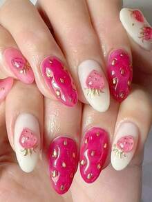 2 件时尚草莓美甲贴纸红色夏季水果花瓣指甲滑块贴花 DIY 装饰配件