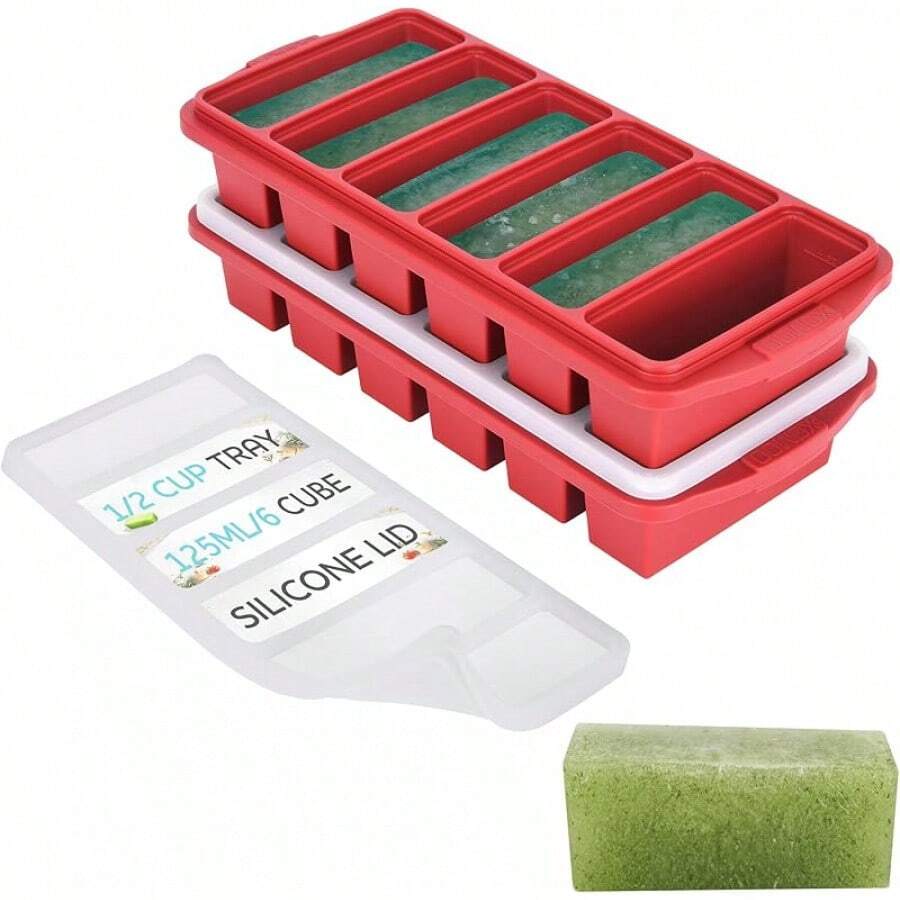 Black Friday11/2 Cup Silicone Freezer Tray With Lid - Silicone Freezer Molds 2-Pack For Meal Prep & Freezing Of Various Sauces And Other Dishes, Makes 12 Perfect 1/2 Cup Portions Cubes,Oven And Dishwasher - 紅色 - 查看 1