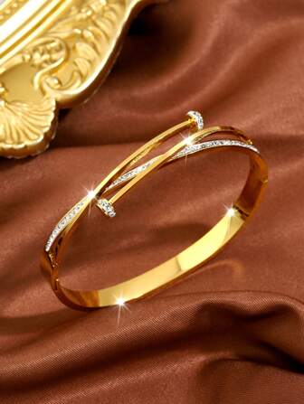 1 Pc Vintage Jewelry Gold Diamond-Studded Stainless Steel Bracelet - Suitable For Both Women And Men, An Elegant Accessory For Any Occasion.