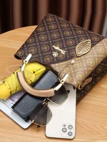 3 件套优雅女士手提包套装，几何印花仿皮手提包，配配套手拿包和钱包，金色金属配件，磁扣，仿皮衬里，仿皮边缘 - 金色 - 查看 7