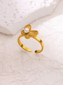 1PC Delicate Stainless Steel Butterfly Ring,Bow Ring,Rose Flower Ring,Faux Pearl Ring,Gold Plated Jewelry Gift For Wedding Birthday Anniversary Friendship - Yellow Gold - View 1
