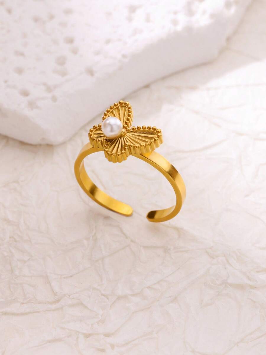 1PC Delicate Stainless Steel Butterfly Ring,Bow Ring,Rose Flower Ring,Faux Pearl Ring,Gold Plated Jewelry Gift For Wedding Birthday Anniversary Friendship - Yellow Gold - View 1