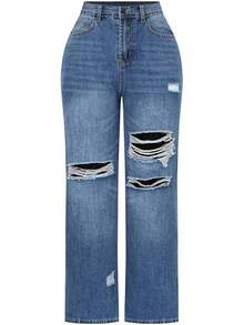 THUNDER Womens High Waisted Wide Leg Jeans Stretchy Distressed Pants - Blue - View 1