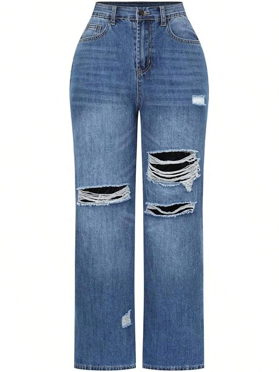 THUNDER Womens High Waisted Wide Leg Jeans Stretchy Distressed Pants - Blue - View 1