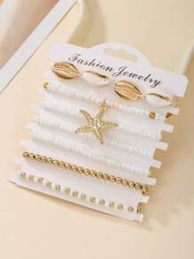7pcs/Set Ocean Style Shell, Glass Bead, CCB, Zinc Alloy Starfish Pendant Beaded Bracelet Set, Suitable For Women Everyday And Beach Wear