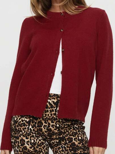 Beauace Womens Basic Knitted Cardigan Solid Color Crew Neck Long Sleeve Button-Up Sweater Casual Fall Clothes