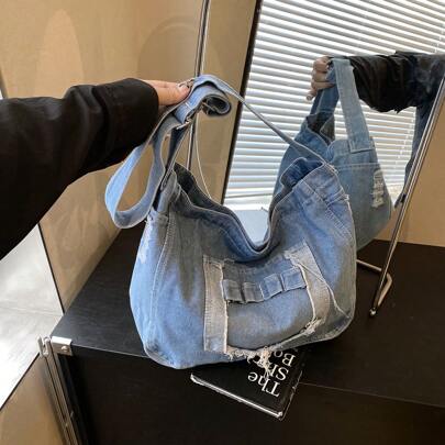 Zaino in denim vintage, borsa hobo con bordi sfilacciati in stile Y2K di grande capacitÃ , borsa a tracolla di moda in stile Y2K dolce in denim per do