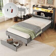 Letto piano 90*200cm, letto imbottito, lampada riscaldante a LED, presa USB, testiera pieghevole, vano portaoggetti integrato, contenitori per letto, grigio