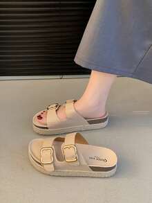 Wedge Sandals With Metal Buckles, Platform Espadrilles - Beige - View 2
