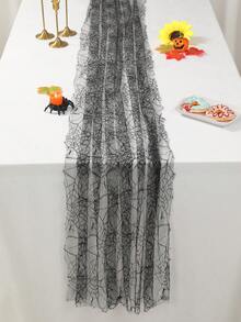 1pc Black Halloween Lace Spider Web Table Runner, Spider Web Pattern Sheer Mesh Tablecloth, Halloween Party Decor, Birthday Decor, Party Decoration, Anniversary Tablecloth - Black - View 9