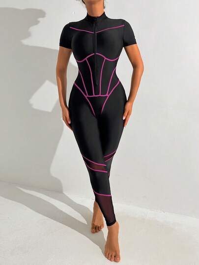 Women's Fashionable Slimming Multi-Color Zip-Up Surf Suit/Swimsuit