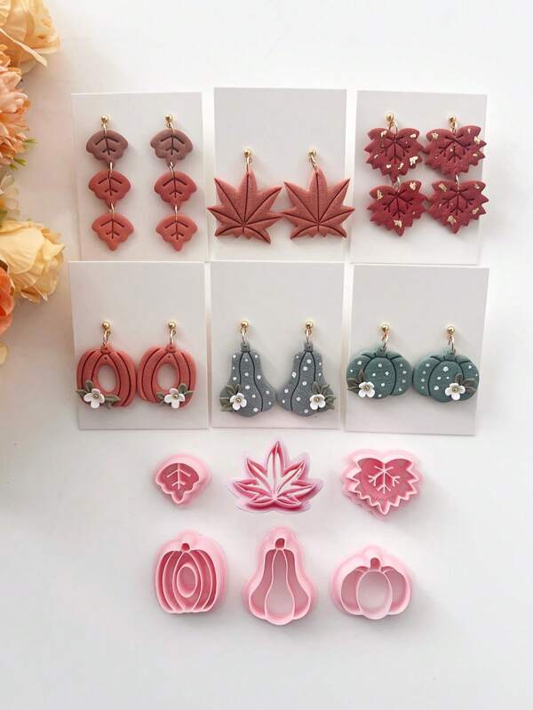 Maple Leaf, Pumpkin Shaped Molds For Crafting Clay Earrings, Autumn Set Pattern Embossing Mold, Polymer Clay Texture Sheets And Clay Earring Cutters Set, Suitable For Making Jewelry Like Brooches And Pendants, Clay Texture Mat For Making Earrings Jewelry, Polymer Clay Earrings Tools
