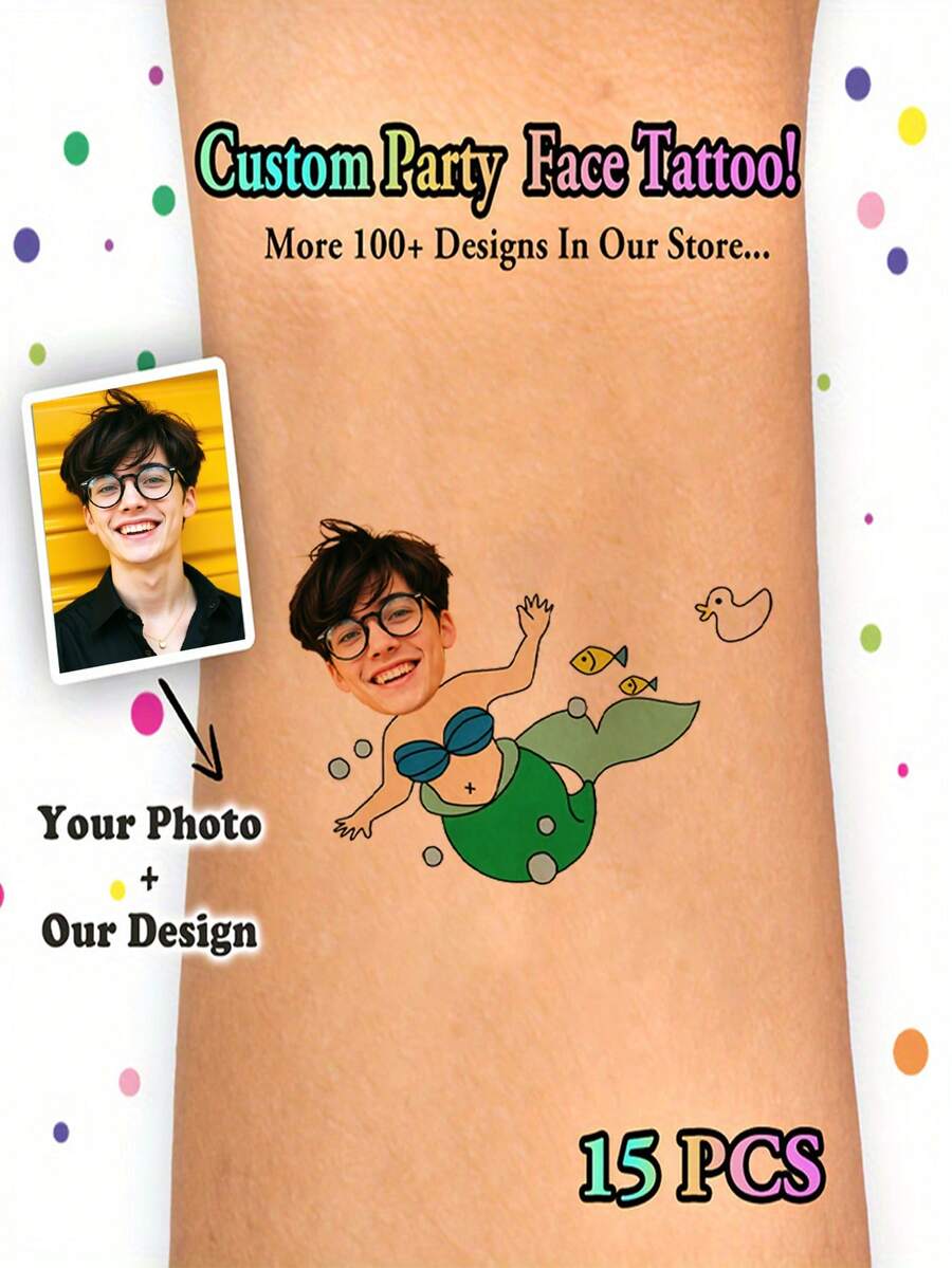 1 件/15 美人鱼个性定制临时纹身图案临时纹身卡通可爱彩色防水防汗一次性肖像设计为朋友、伴侣、爱人、宠物定制用于派对、表演、家庭、生日派对、朋友聚会用于面部、手臂、腰部、胸部、腿部、腹部、颈部、手部、手指、背部