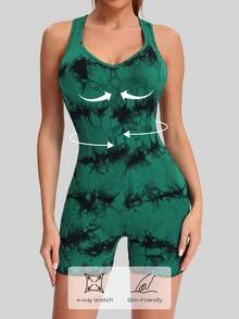 Women's Tie Dye Deep V One Piece Shorts, Women's Cross Body Yoga Wear, Sexy Hip Lifting Fitness One Piece - màu xanh lá - Xem 3