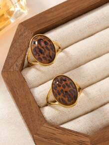 Set de 2 anillos de acero inoxidable con estampado de leopardo exagerado, adecuados para uso diario de mujer, festivales, citas, compromisos, bodas, regalos para amante, amigo, familiar