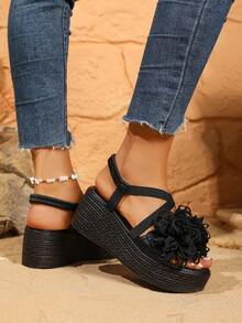 透气、舒适的露趾凉鞋，带有花卉装饰，轻便厚底休闲一脚蹬鞋，适合日常、派对、通勤，适合所有脚型，优雅的女士凉鞋 - 黑色 - 查看 6