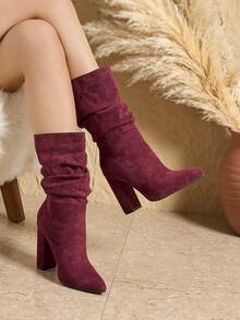 女式黑色亮石纹理皮革靴，尖头粗跟中筒靴，秋冬 - 酒紅色 - 查看 1