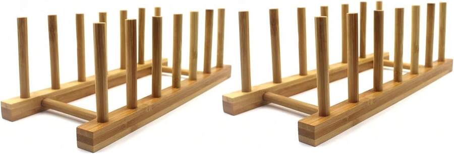 Soporte de almacenamiento de madera de bambú para platos, organizador de gabinete de cocina para platos/tazones/tapa de olla/tabla de cortar (paquete de 2) - Verde Oliva - Ver 1