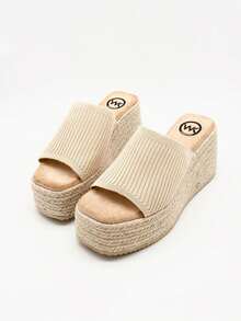 Women's Wedge Sandal, Fashionable Solid Color And Knitted Fabric, Thick Sole And Comfortable Insole, Perfect For Vacation And Daily Wear. - 米色 - 查看 3