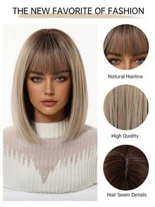 Perruque dégradé brun noir doré de 12 pouces, coiffure au carré droite avec frange pour femmes, en fibre synthétique résistante à la chaleur, et polyvalente, convient aux femmes et aux filles pour un usage quotidien, les fêtes, le cosplay, la photographie et plus encore - Blond ombré - Voir 9