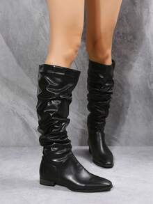 女士时尚纯色及膝休闲靴 - 黑色 - 查看 6