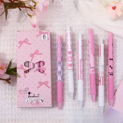 6pcs/Set Pink Bowknot Gel Pens, 0.5mm Fine Tip, Smooth Writing, Suitable For Office, School, Teens, Adults, Exams, Holiday Gifts, Valentine's Day, Children's Gifts, Ballpoint Pens, Stationery, Back To School