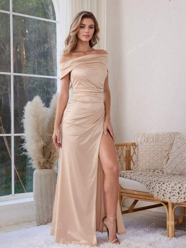 Autumn Off Shoulder Satin Dress, Dignified Elegant Women's Clothing, Sexy High Split Long Dress With Zipper And Ruffle Hem