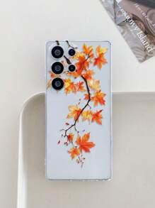 1 pieza Funda de teléfono de TPU transparente y suave con diseño minimalista retro de rama de árbol y hoja de arce, anti-caídas, anti-arañazos y anti-huellas dactilares, con protección para la lente de la cámara, compatible con Apple, Nothing, Pixel, INFINIX, Redmi