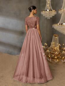 Faeriesty Elegant Formal Evening Gown With Sequin Embellished Bodice & Contrast Layered Tulle Hem | A-Line Prom Wedding Party Dress - 卡其色 - 查看 2