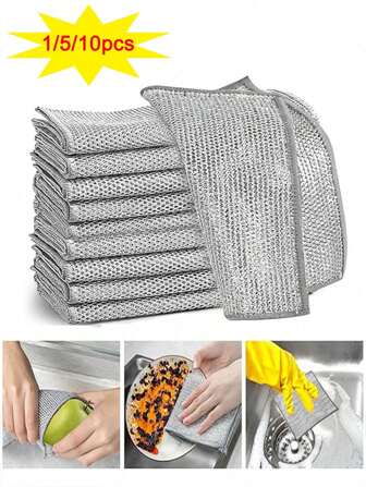 1/5/10 Pieces Of Magic Cleaning Cloths, Thickened Double-Sided Metal Wire Dishcloths, Kitchen Dish And Pot Dishcloths, Towels, Cleaning Tools, Silver Wire Dishcloths, Double-Layer Steel Wire Dishcloths Instead Of Steel Wool Balls, Non-Stick Kitchen Dishcloths, Metal Wire Scouring Pads
