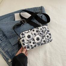 1 pieza Bolso de cámara de piel de PU bicolor con estampado de fútbol, bolso cuadrado pequeño tipo vintage para hombro/cruzado, adecuado para niñas, mujeres, estudiantes universitarios, ideal para viajar, compras, ir al trabajo