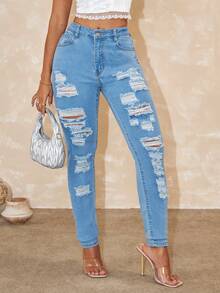 Women's Mid-Waist Washed Ripped Skinny Jeans, Sexy Distressed Denim Pants - Light Wash - View 5