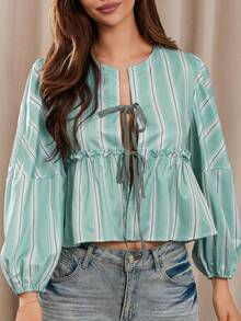 Women's Babydoll Tops Loose Fitting Striped Collared Front Tie-Up Long Sleeve Ruffled Blouse For Summer - màu xanh lá - Xem 3