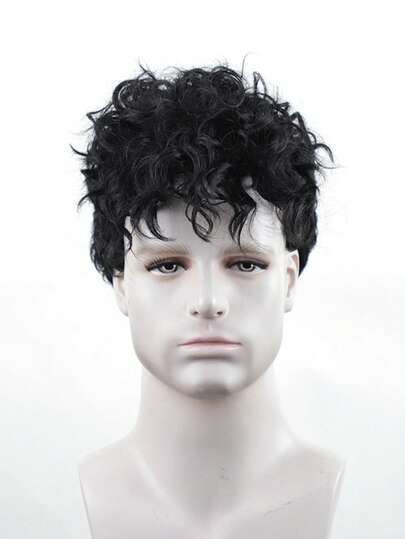 男士短款黑色卷发假发，自然造型合成假发，适合角色扮演、化妆派对和日常造型，易于佩戴的设计