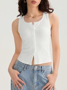 Women Ribbed Knit Tank Tops Lace Trim Buttons Casual Vests Summer Loose Sleeveless Tops Streetwear - White - View 4