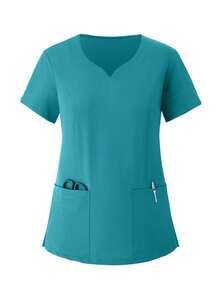 2-Piece Women's Solid Color Matte  Health Work Suit - Elastic And Breathable  Uniform With V-Neck Short-Sleeved Top And Drawstring Pants, Functional Pockets - Machine Washable, Durable, Suitable For Health Professionals - 綠色 - 查看 3